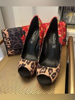 ALDO Leopard Print Peep-Toe Heels with Red Floral Back